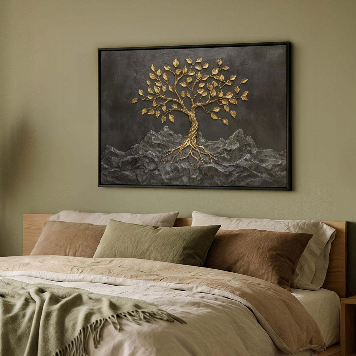 LEINWAND Bilder mit Rahmen - Blätter - Gold - Baum - Fels - 100x70 - Schwarz, Textil (100/70cm) - MuchoWow