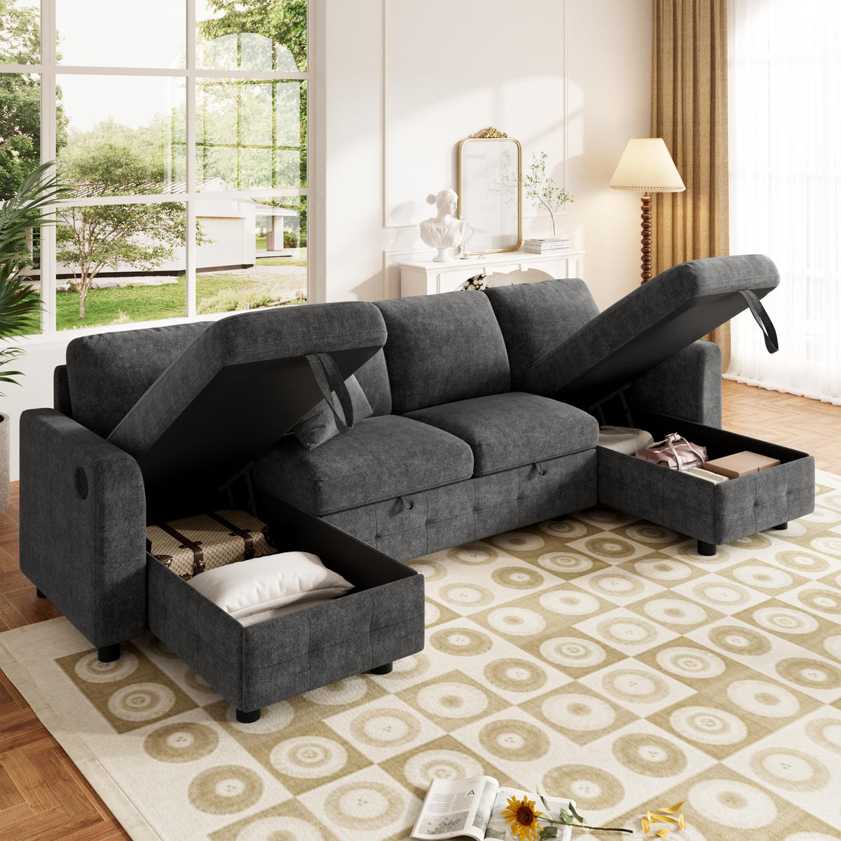 SOFA U Form Chenille Schlafsofa USB Type C Stauraum Grau - Dunkelgrau, Textil (260/82/128cm) - FLIEKS