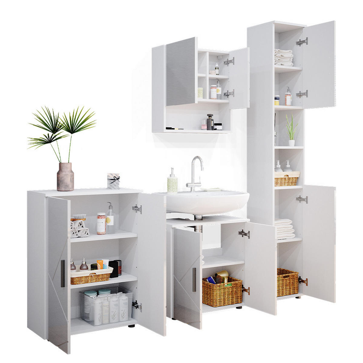 BADMÖBEL-SET Irma Weiß Hochglanz 4 Teile, mit Hochschrank und Kommode - Weiß Hochglanz/Weiß, Holzwerkstoff (80/58.6/41cm) - Vicco