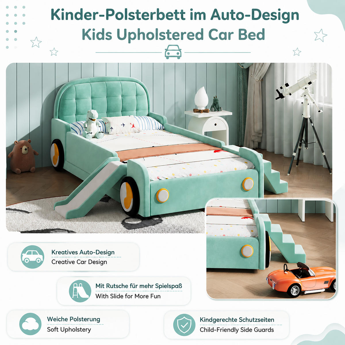 KINDERBETT 90/200 cm in Blaugrün Samt Autobett mit Rutsche, Treppe und Fallschutz - Blau/Grün, Holzwerkstoff/Textil (90/200cm) - STILVORA