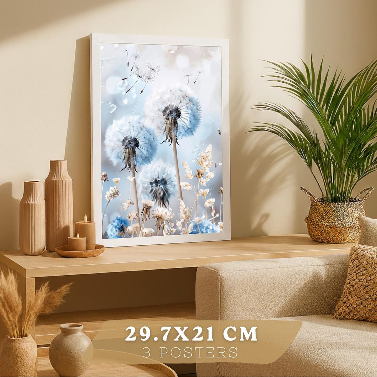 PLAKAT Sada 3 Sladká modř A4 Bílý rám - bílá, papír (29.7/1/21cm) - Nacnic