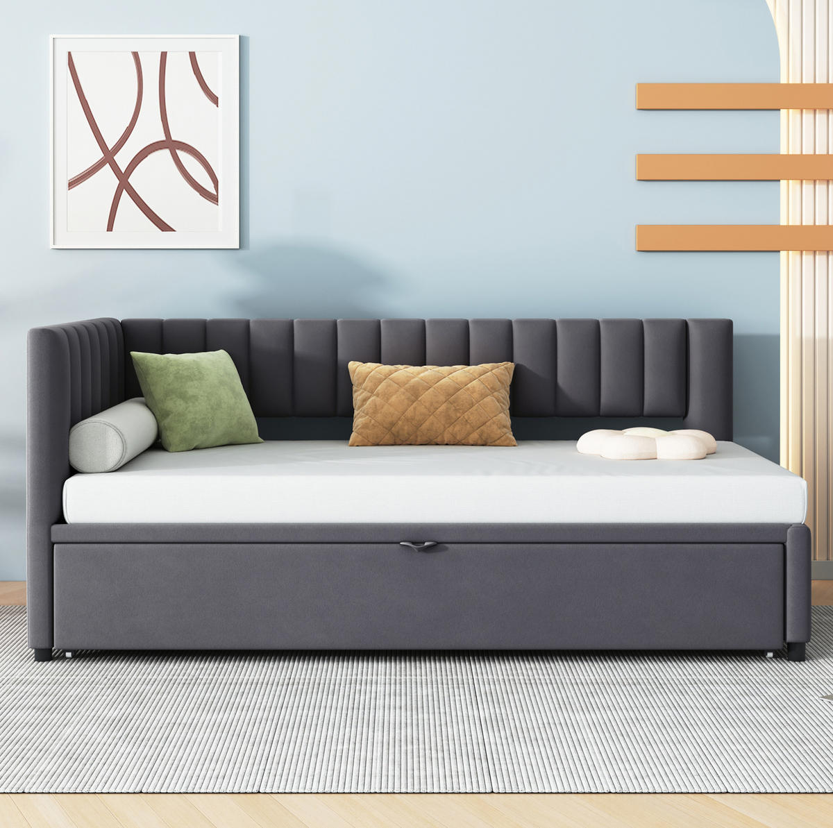 POLNJENA postelja iz žameta 90x200 cm siva z izvlečnim dodatnim ležiščem in oporno naslonjalo - siva, tekstil (90/180cm) - Modfu