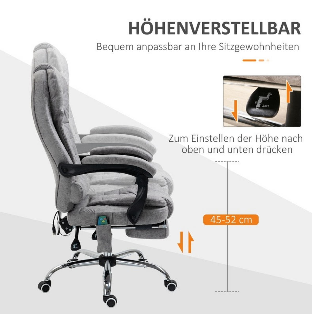 DREHSTUHL 65/70/111-119 cm grau aus Mikrofaser mit Massage - Grau, Textil (70/119/65cm) - OKWISH