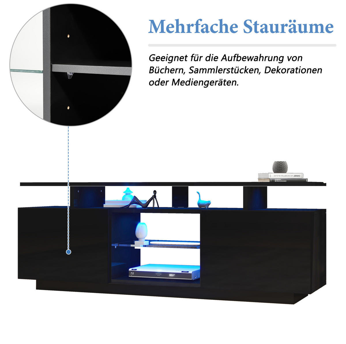 TV-SCHRANK aus Spanplatte 140x35x55 cm Schwarz mit LED-Beleuchtung, 2 Hochglanz-Türen und 5 offenen Fächern - Schwarz, Holzwerkstoff (140/55/35cm) - Modfu
