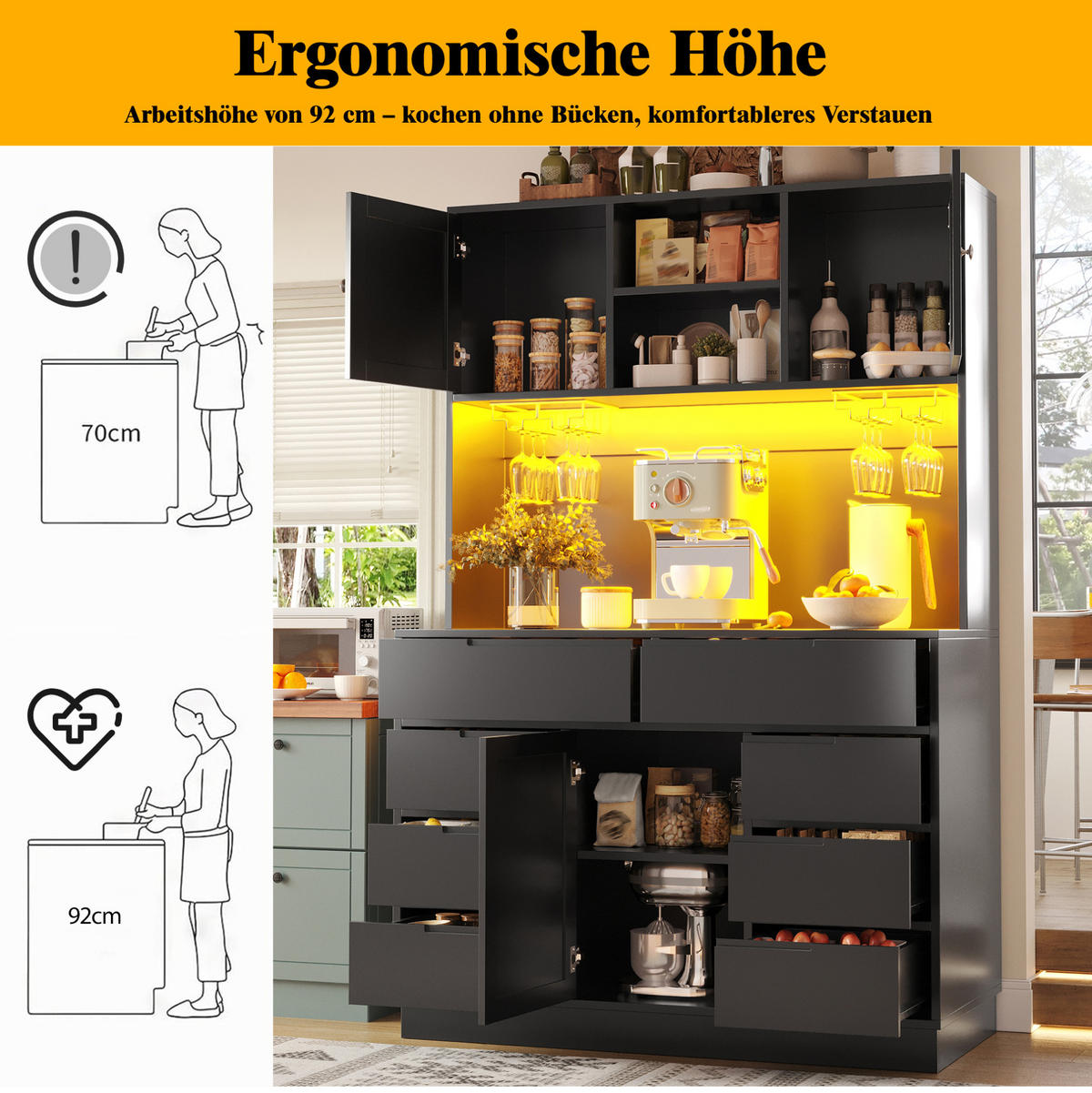 HOCHSCHRANK mit LED-Beleuchtung 120 x 40 x 183,5 cm MDF Schwarz - Schwarz, Holzwerkstoff (40/183.5/120cm) - Meubliv