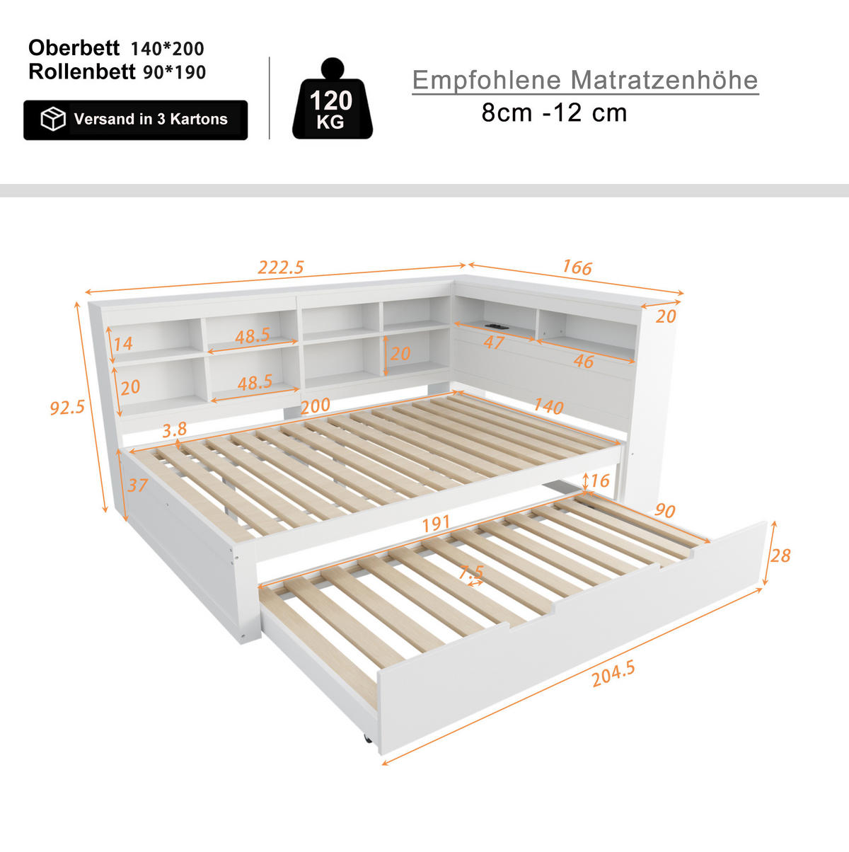 SCHLAFSOFA 140/200 cm mit Ausziehbett 90/190 cm, USB-Anschluss und Stauraum, Weiß - Weiß, Holzwerkstoff (166/92.5/222.5cm) - Redom