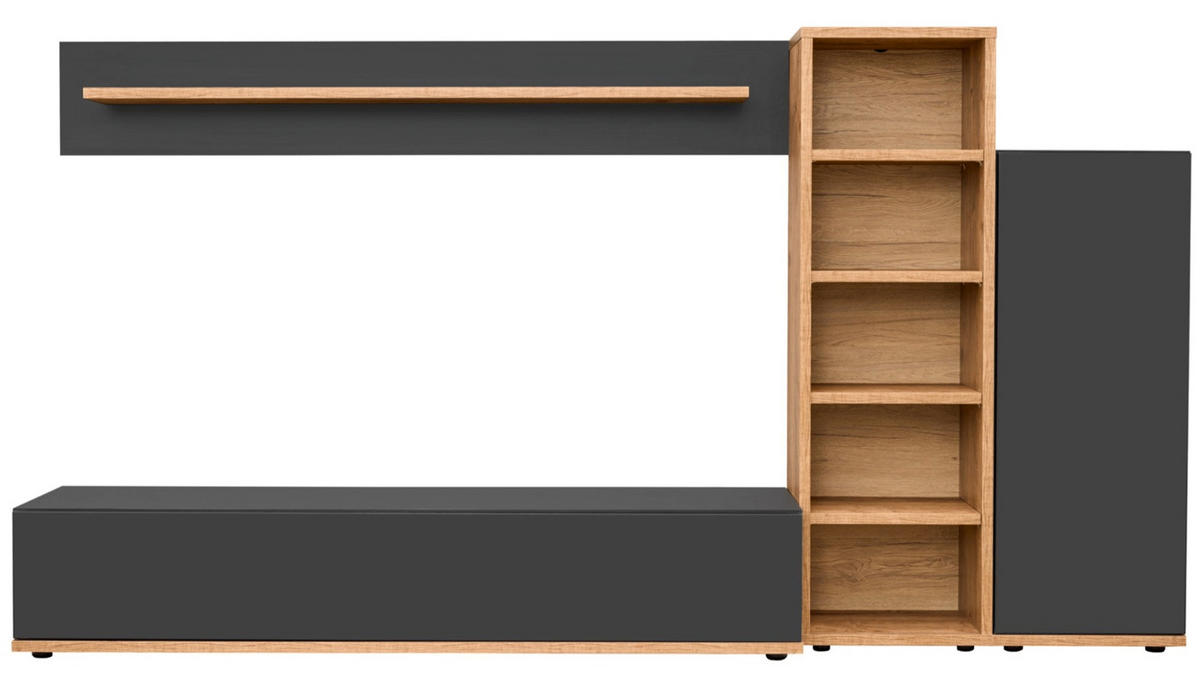 WOHNWAND grau, Wotan Eiche 240 cm, Schrankwand mit Push-to-Open - Eichefarben/Schwarz, Holzwerkstoff/Kunststoff (240/129/40cm) - Furn.Design