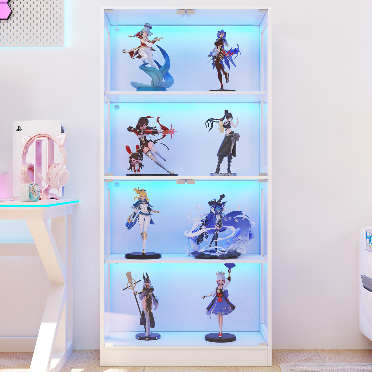 VITRINE 4 Ebenen Stauraum, App-gesteuertem LED-Licht, Push-to-Open Türen 80/35/170 cm - Transparent/Weiß, Glas/Holzwerkstoff (80/170/35cm) - EVRYAE