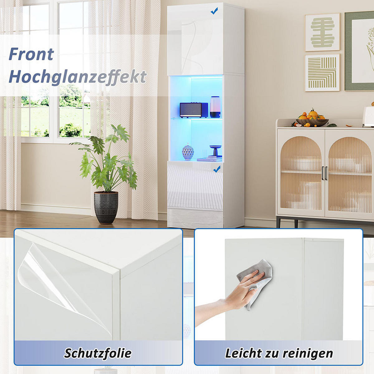 VITRINE in Weiße Hochglanzvitrine mit 1 Glasboden - Weiß, Holz (35/160/45cm) - KOMHTOM