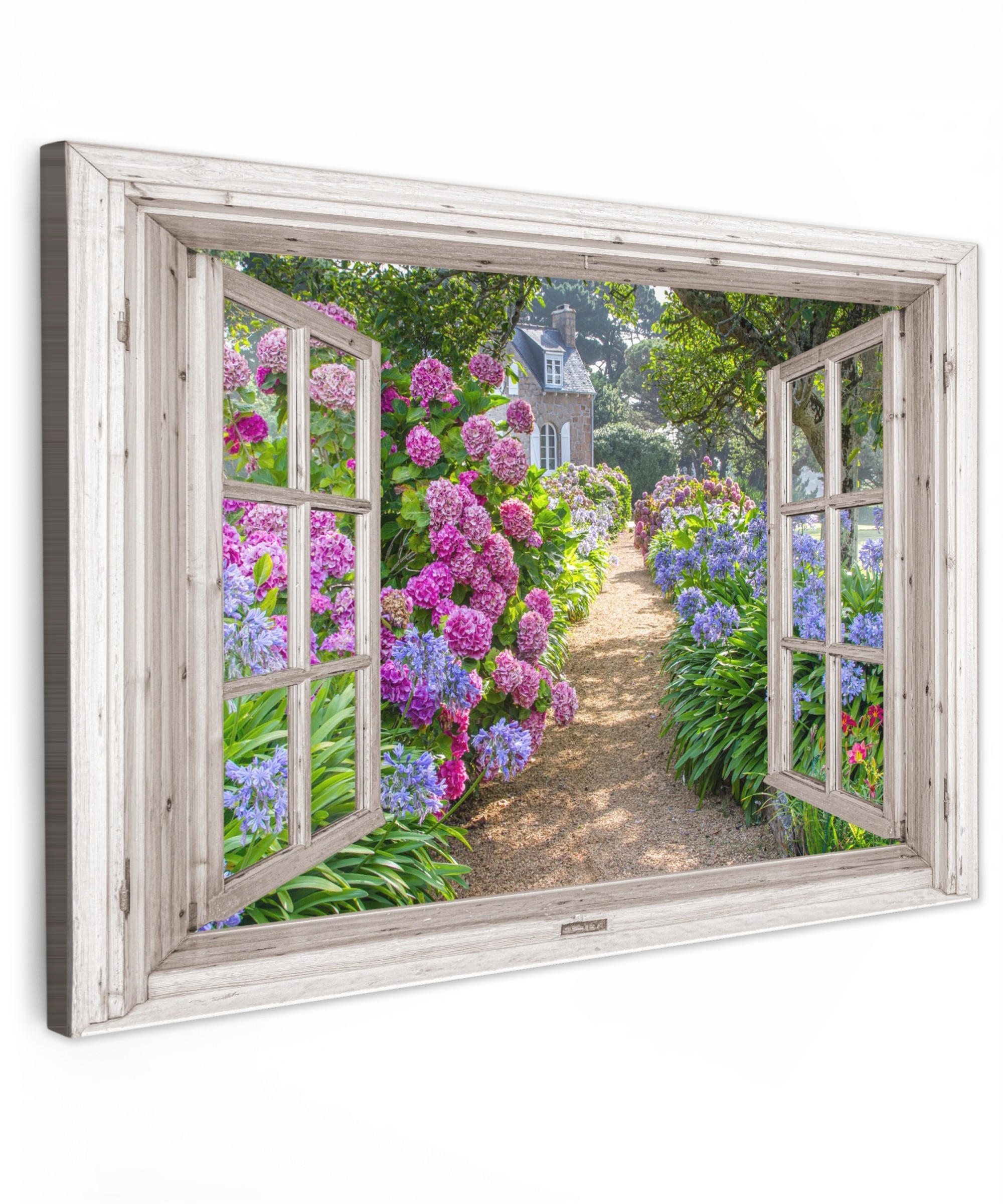 LEINWANDBILD Hortensie - Durchsichtig - Blumen - Sommer - Lila - Weg Wohnzimmer Groß 120x80 cm - Lila, Textil (120/80cm) - MuchoWow