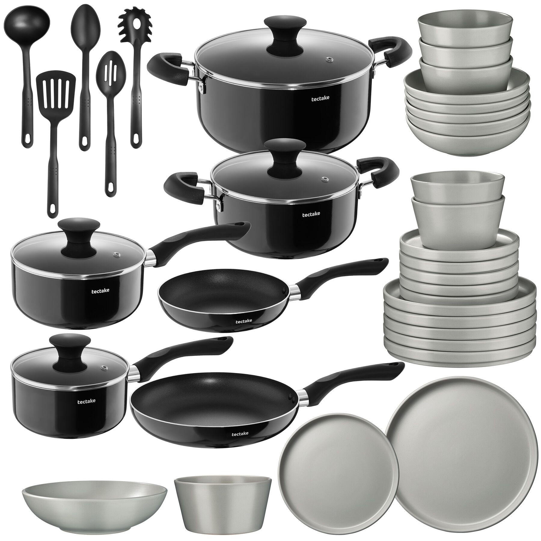 KÜCHENSTARTERSET Una/Varese, inklusive 5 Küchenwerkzeugen, grau/schwarz - Schwarz/Grau, Keramik (26/4.8/45.5cm) - tectake