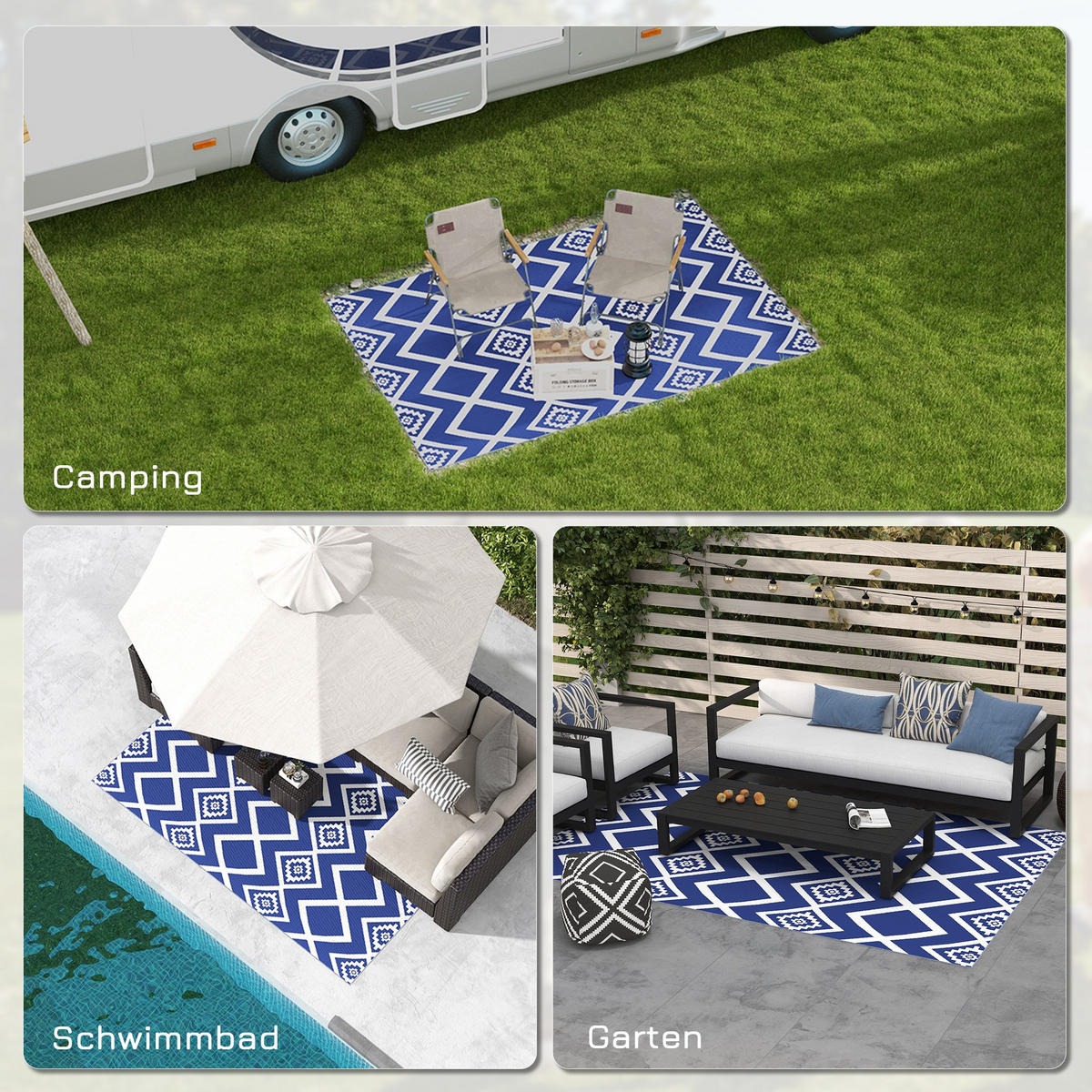 OUTDOORTEPPICH, Kunststoff, Blau+Weiß - Blau/Weiß, Kunststoff (182/274cm) - Outsunny