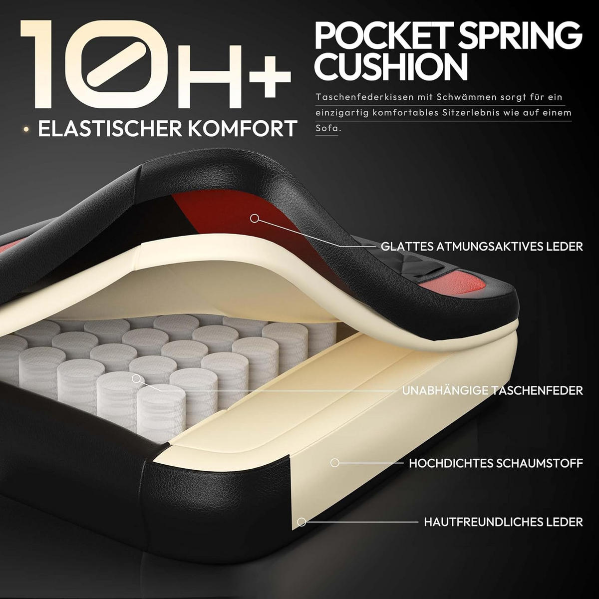 GAMING-STUHL ergonomischer mit Lendenwirbelstütze, Fußstütze, PU-Leder - Rot, Leder (65/127/63cm)