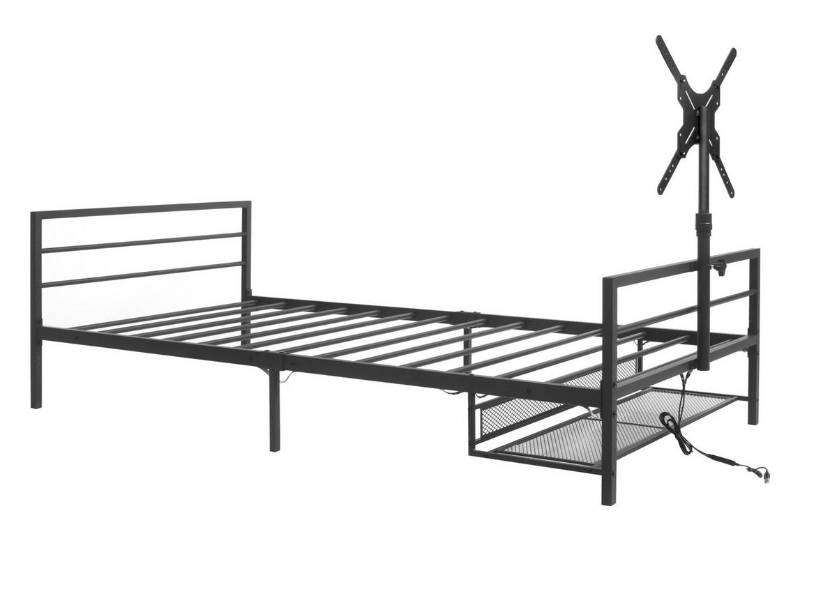 BETT Länge 206 cm aus Metall mit LED-Beleuchtung und Monitorhalterung - Schwarz, Metall (90/200cm) - Flora Grace