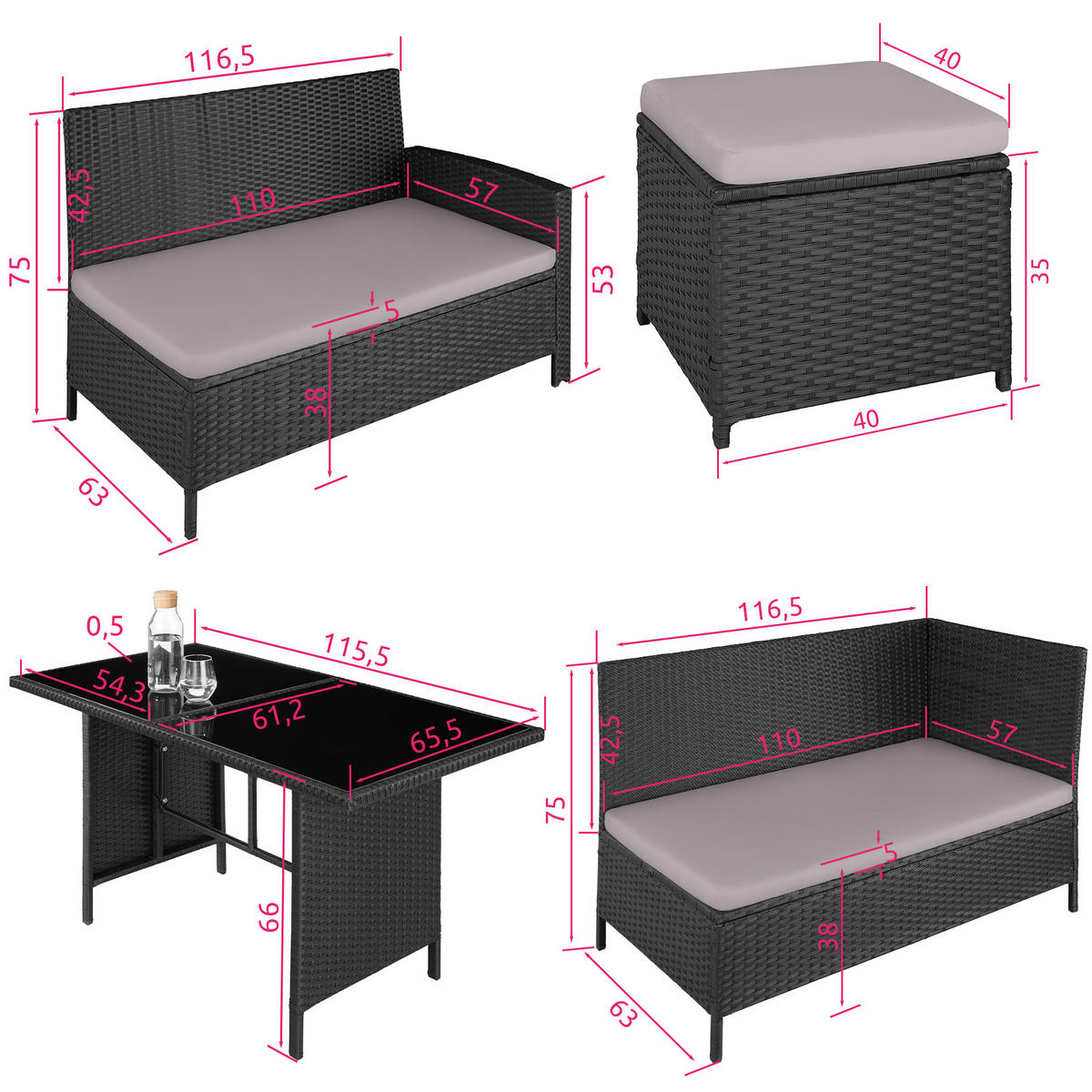 RATTANLOUNGE Barletta,mit Sicherheitsglasplatten,schwarz - Schwarz, Kunststoff - tectake