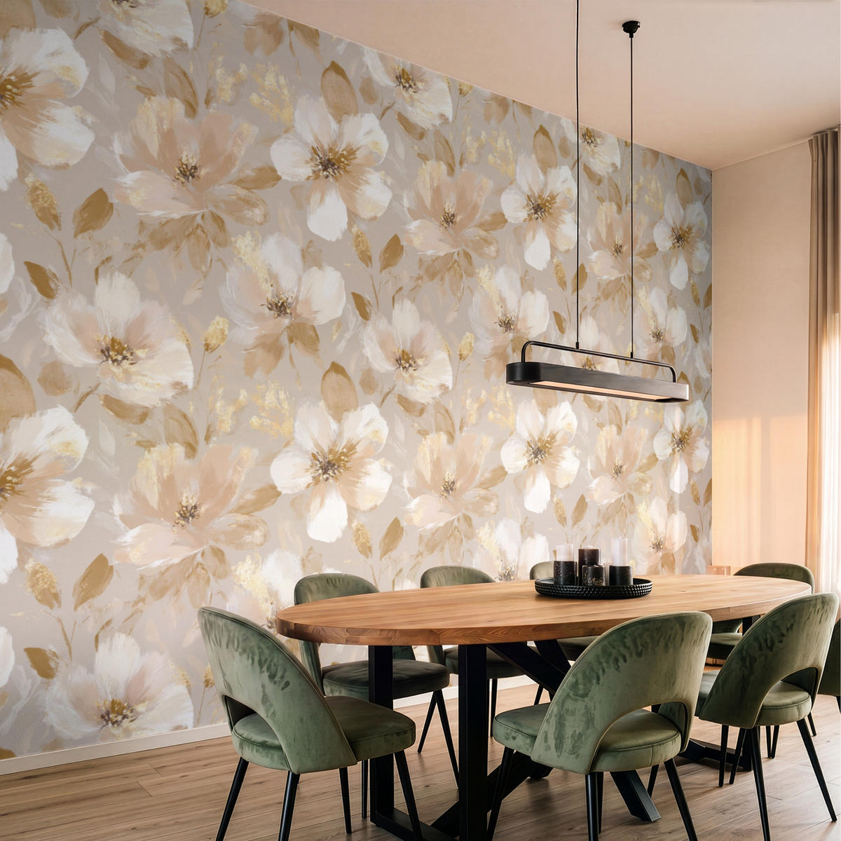 TAPETE - Blumen - künstlerisch - Gold - 400x300 cm - Beige, Papier (400/300cm) - OnlyWow