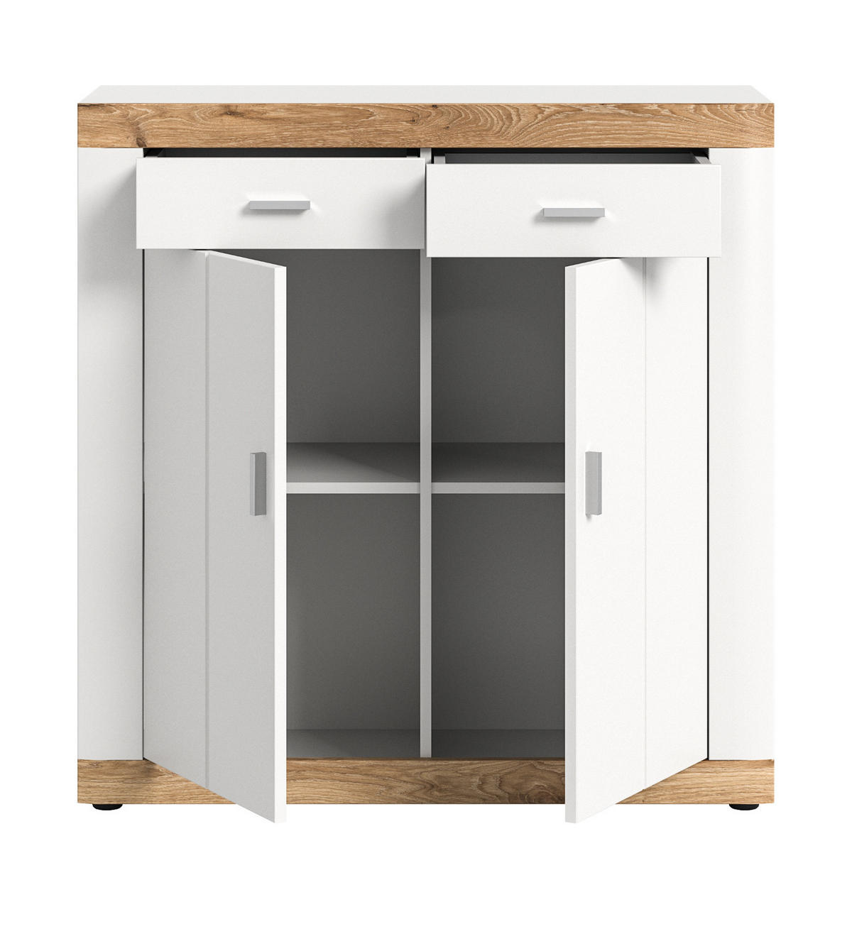 KOMMODE weiß, Eiche 100 cm, Sideboard mit Soft-Close - Eichefarben/Silberfarben, Holzwerkstoff/Kunststoff (101/104/40cm) - Inn.Furn