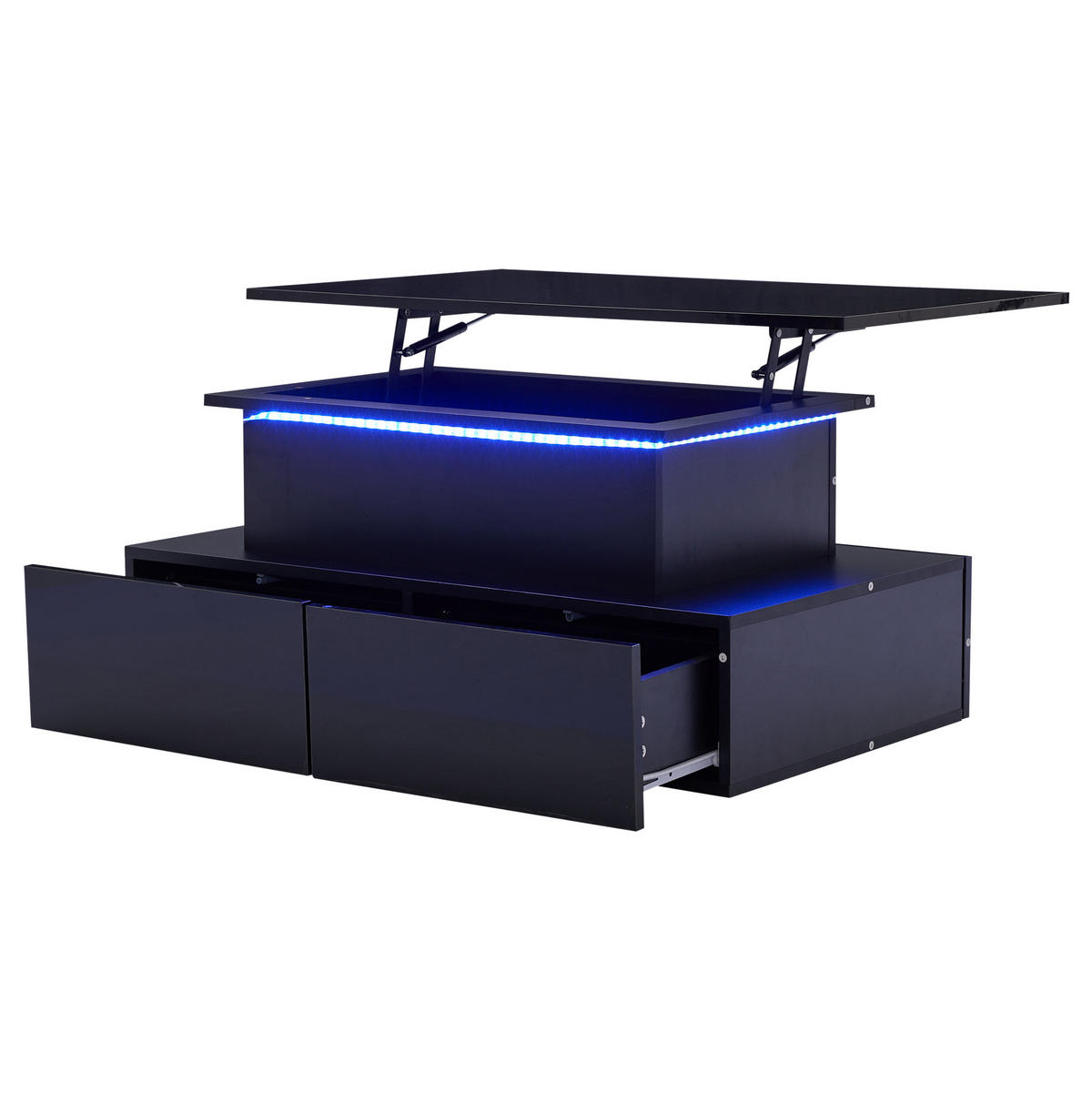 COUCHTISCH 90/55/41 cm in Schwarz Hochglanz mit LED-Beleuchtung und 4 Schubladen - Schwarz, Holzwerkstoff (90/55/41cm) - Flora Grace