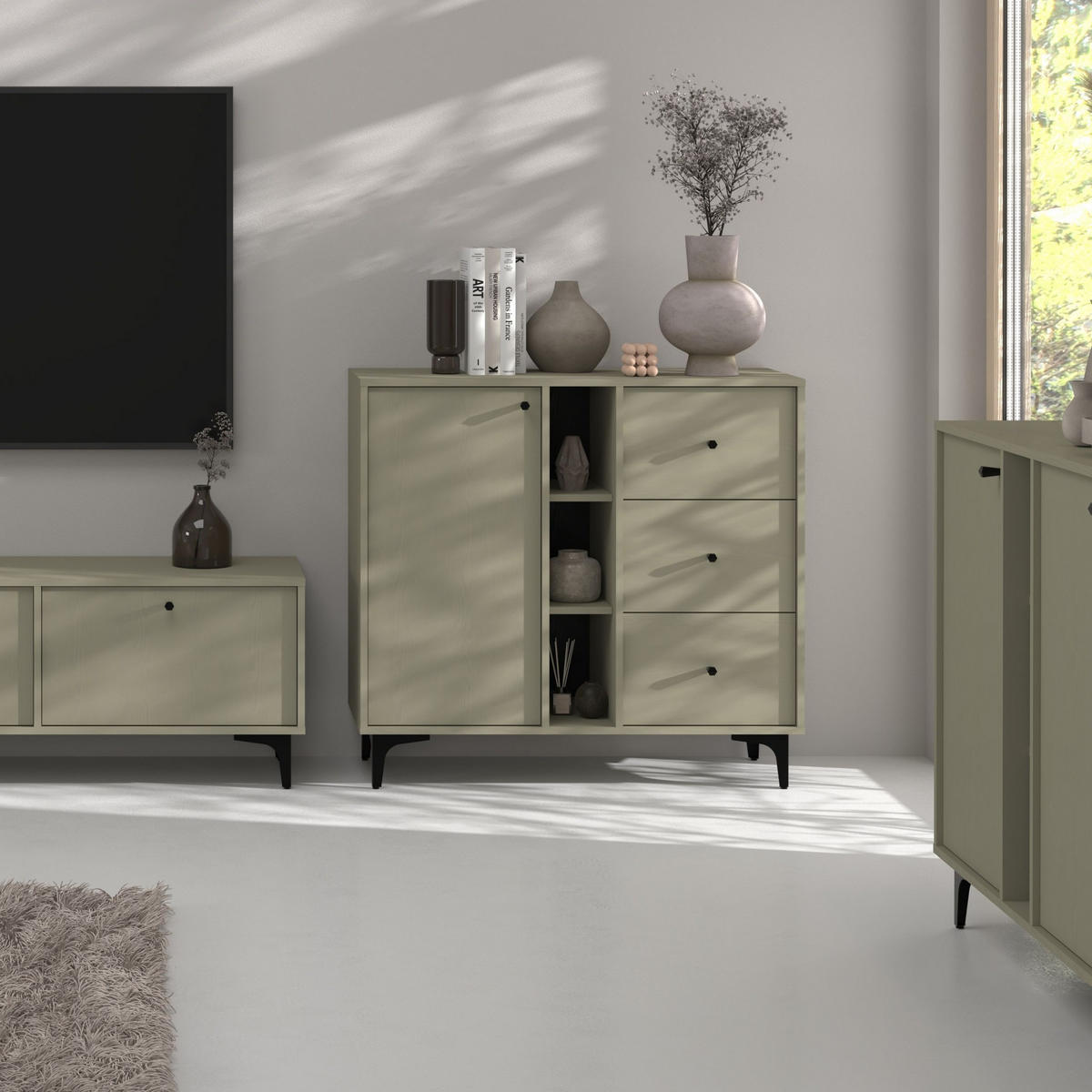 KOMMODE TORINO 100/94/41 cm mit 3 Schubladen 1 Türen Hellgrün - Hellgrün, Holzwerkstoff (100/94/41cm) - MASSENO