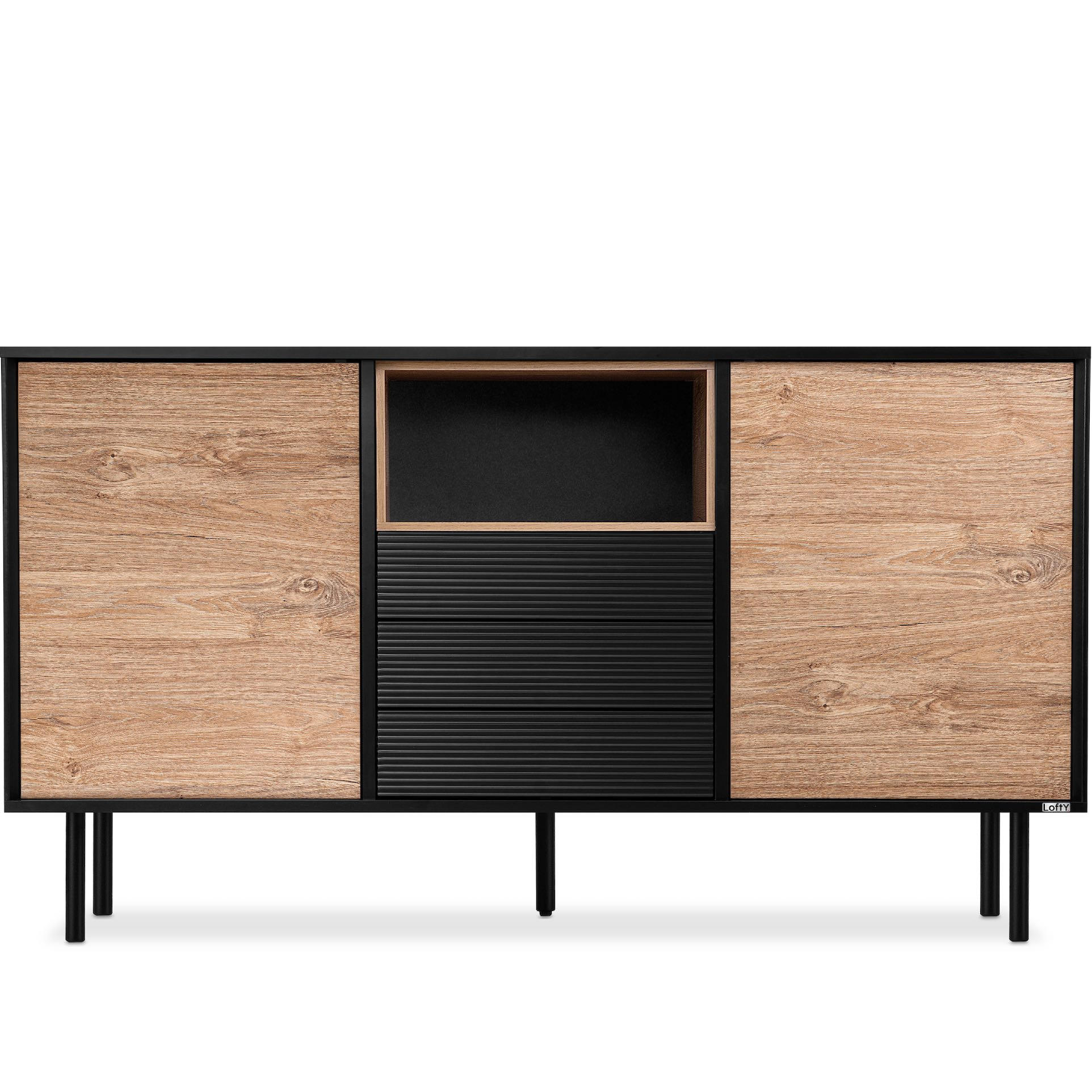 KOMMODE LOFTY Außenseiteneinlage, schwarz / Eiche natur - Eichefarben/Multicolor, Holzwerkstoff (151/84/41cm) - KONSIMO®