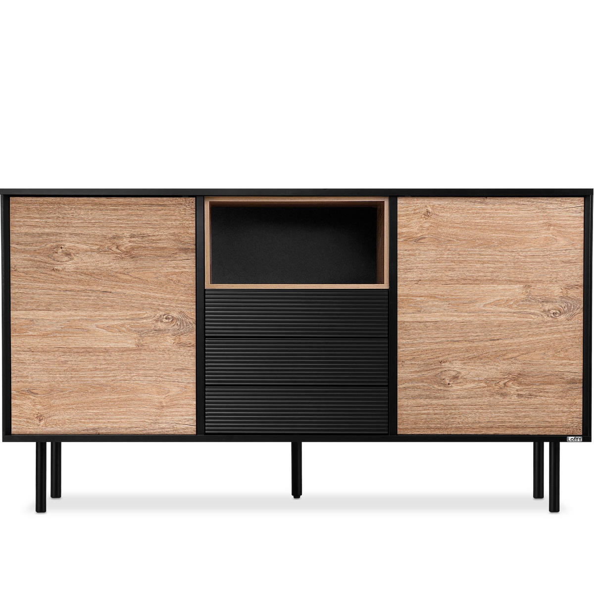 KOMMODE LOFTY Außenseiteneinlage, schwarz / Eiche natur - Eichefarben/Multicolor, Holzwerkstoff (151/84/41cm) - KONSIMO®