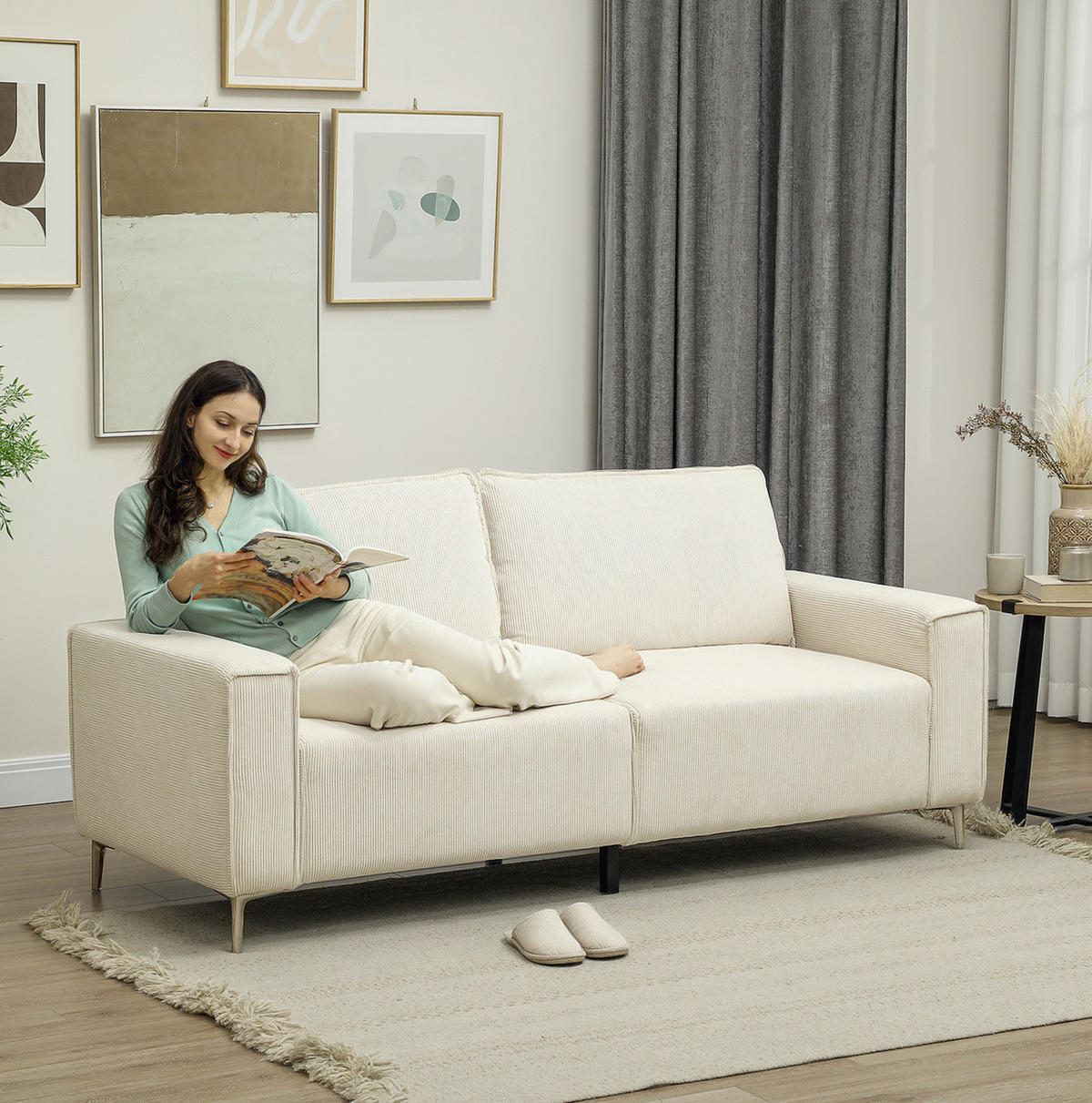 3-SITZER-SOFA aus Polyester 77x193x80 cm Cremeweiß mit Rückenkissen, Cordbezug und Federkomfort - Weiß, Textil (193/80/77cm) - Modfu
