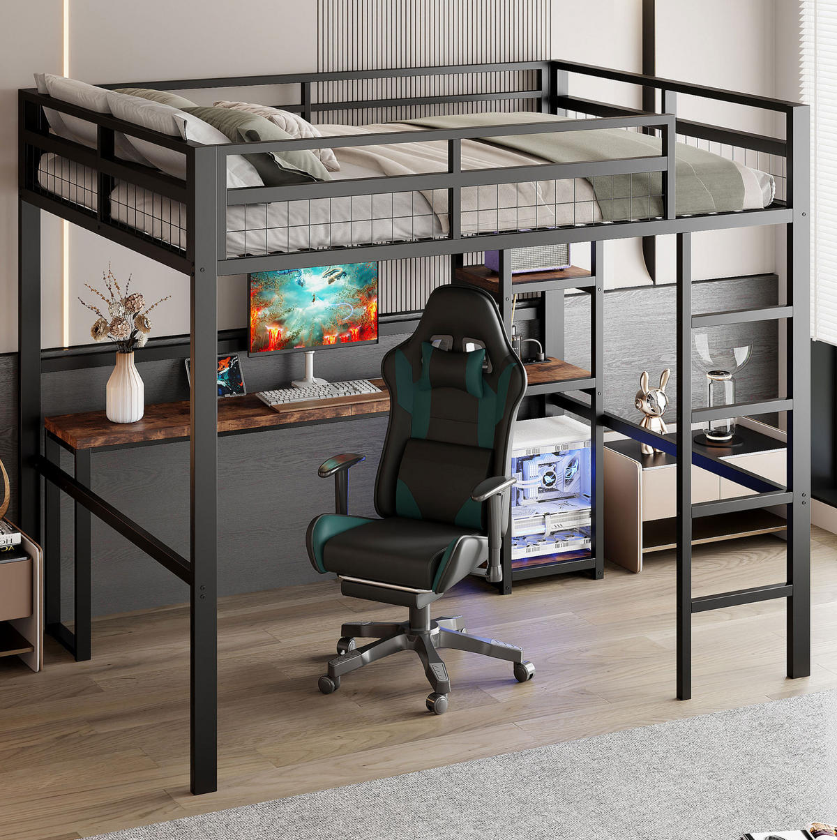 HOCHBETT 140/200 cm Schwarz aus Metall mit Schreibtisch und Regalen - Schwarz, Metall (140/200cm) - OKMYHOME