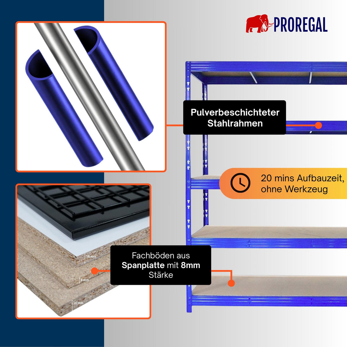 SCHWERLASTREGAL Rhino 200x200x60 cm 5 Spanplatten-Ebenen 8mm Fachlast 500 kg Blau - Blau, Metall (200/200/60cm) - PROREGAL