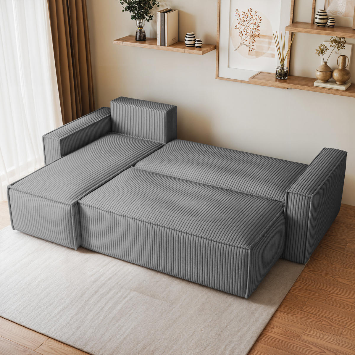ECKSOFA RAVELO P Hellgrau Kordstoff mit Schlaffunktion - Hellgrau, Holz (240/140cm) - MASSENO