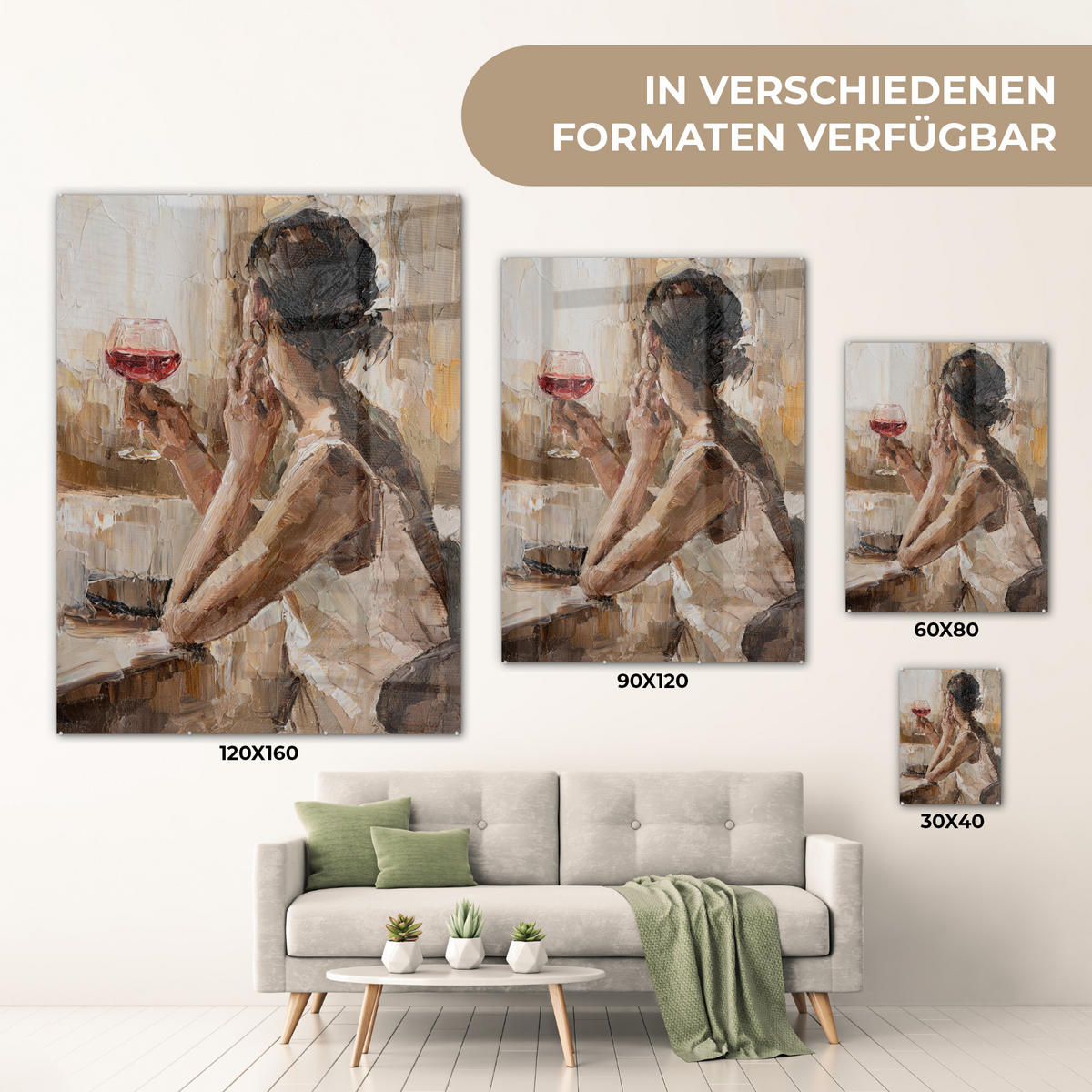 ACRYLGLASBILD Ölgemälde - Frau - Wein 60x80 cm - Hellbraun, Glas (60/80cm) - MuchoWow