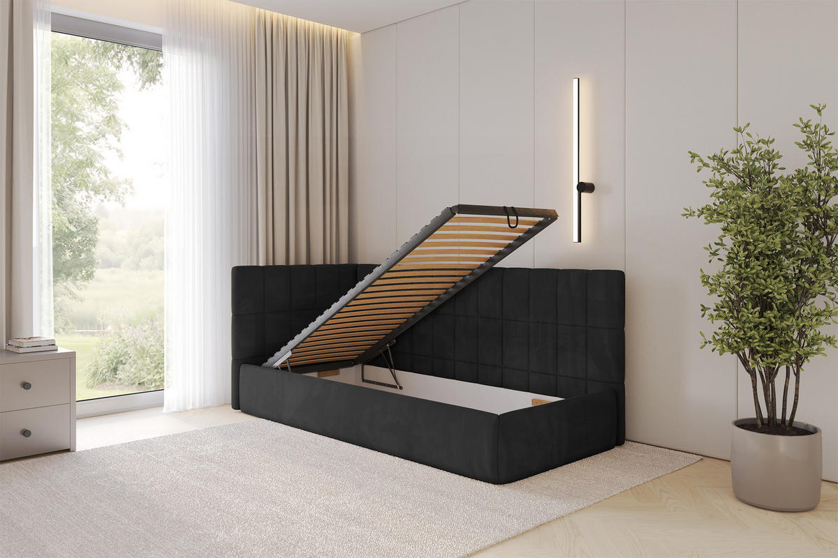 EINZELLBETT Jugendbett mit Bettkasten, Rechts - TULY 100x200 Schwarz - Anthrazit, Holzwerkstoff/Textil (100/200cm) - ALTDECOR