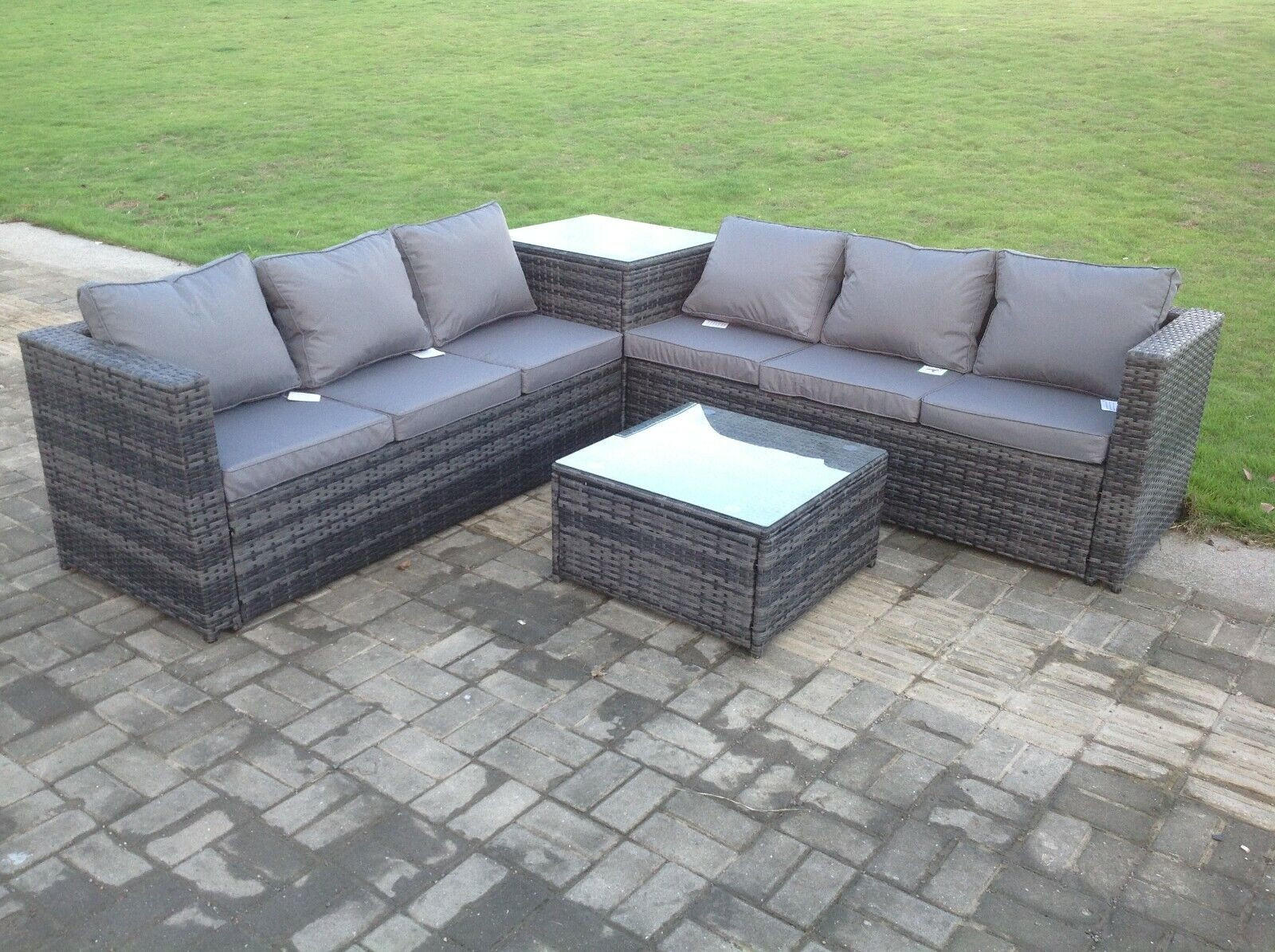 GARTENMÖBELSET mit Couchtisch Polyrattan 6-Sitzer - Dunkelgrau/Grau, Glas/Kunststoff - Fimous
