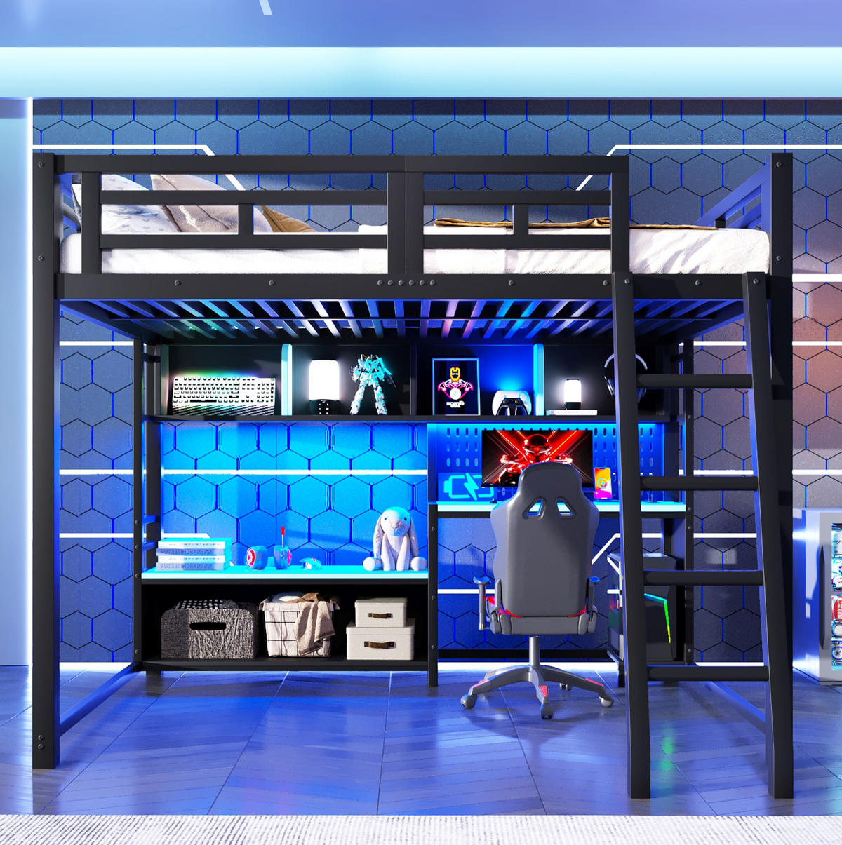 HOCHBETT aus MDF und Metall 140x200 cm Schwarz mit Schreibtisch, LED-Beleuchtung und Regalen im Gaming-Design - Schwarz, Holzwerkstoff (140/200cm) - Modfu