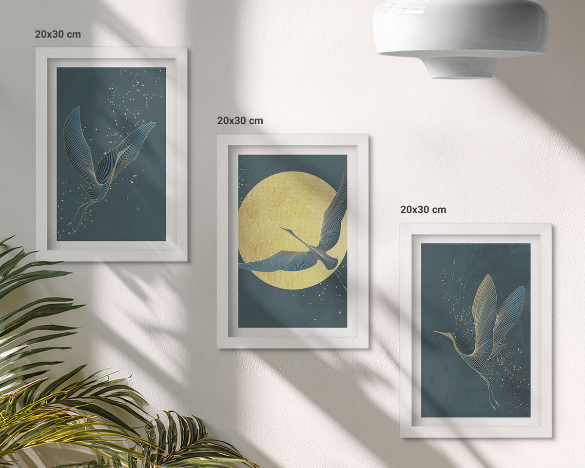 BILDER SET 3er Set - 20x30 cm Weißer Rahmen - Kraniche im Flug bei Nacht - Weiß, Kunststoff (20/30cm) - TULUP