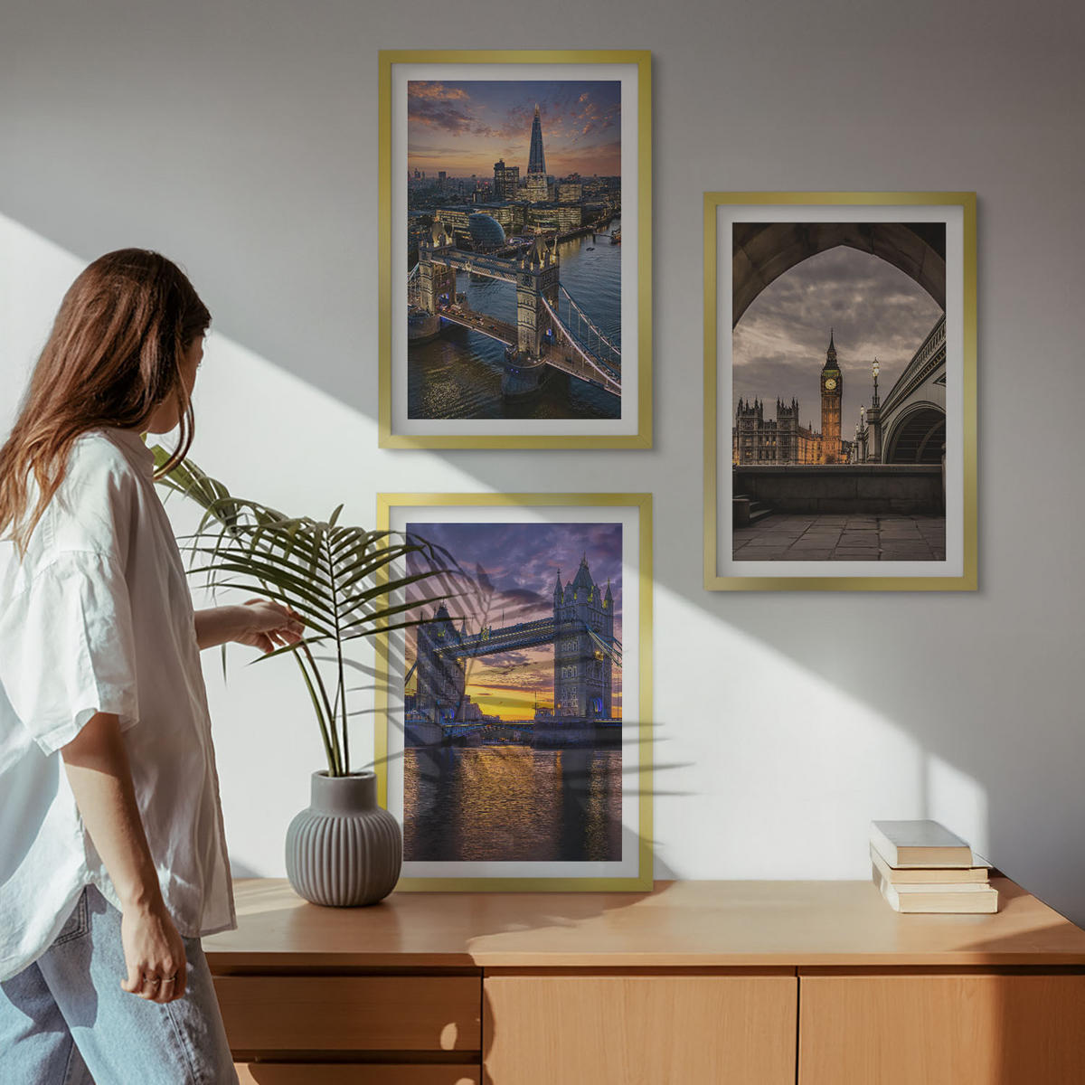 BILDER SET 3er Set - 40x60 cm Goldrahmen - Stadtbrücken, Uhrtürme - Goldfarben, Kunststoff (40/60cm) - TULUP