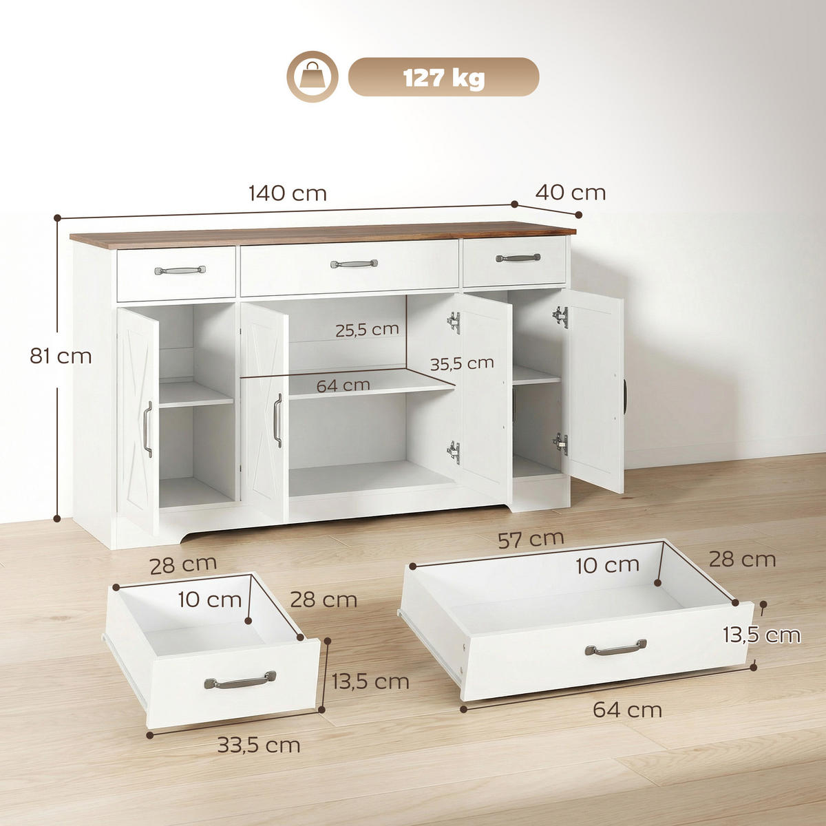 SIDEBOARD DE-11298 Landhausstil, 4 Scheunentüren Weiß - Weiß, Holzwerkstoff (140/81/40cm) - ComfortXL