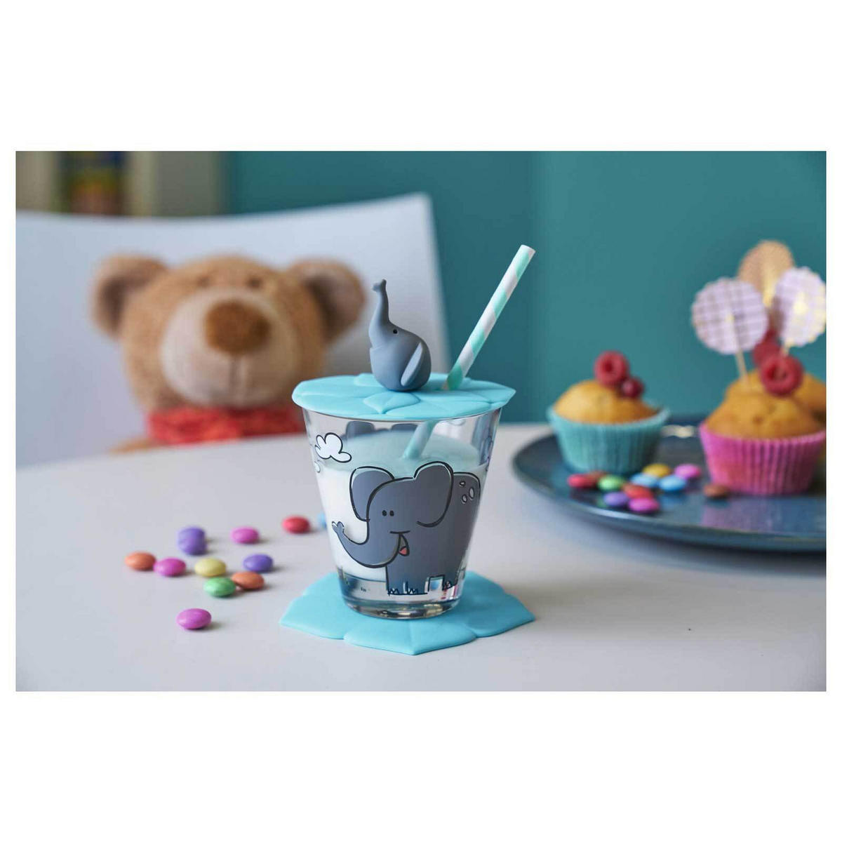 KINDERBECHER MIT DECKEL Bambini Elefant & Krokodil 215 ml 2er Set - Grau/Grün, Kunststoff (0.215L) - Leonardo Living