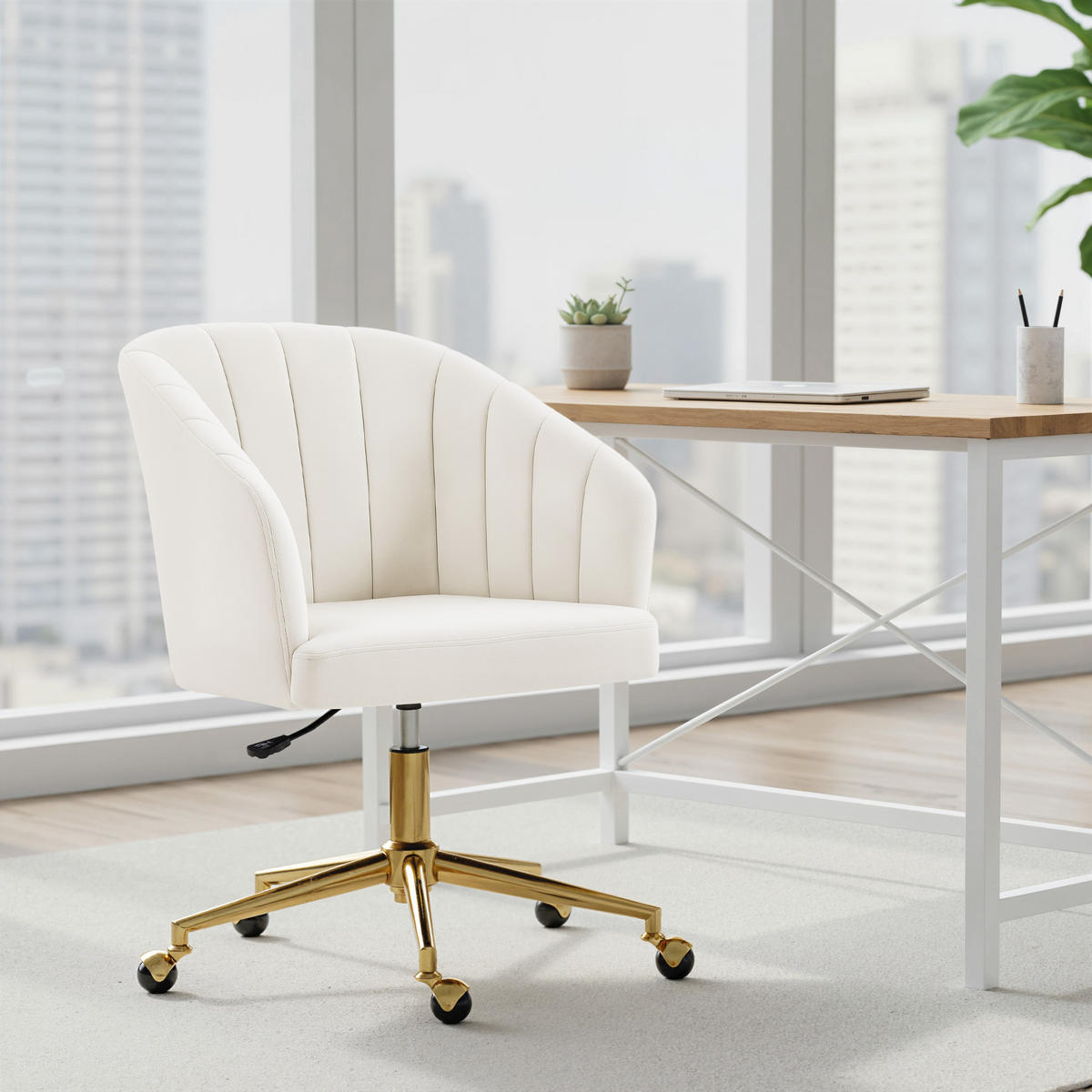 SCHREIBTISCHSTUHL, höhenverstellbarer Bürostuhl mit Samtoptik, Rollen, Drehstuhl - Goldfarben/Creme, Textil/Metall (60/92.5/61cm) - HOMCOM