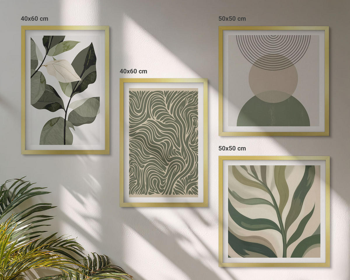 BILDER SET 4er Set - 50x50 cm & 40x60 cm Goldrahmen - Blätter geometrische Formen abstrakt - Goldfarben, Kunststoff (50/50cm) - TULUP