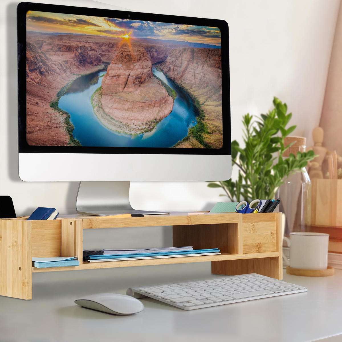 MONITORSTÄNDER Natur Bambus mit Fächern 62,5x28 cm - Hellbraun, Holz (28/62.5/15.5cm) - Relaxdays