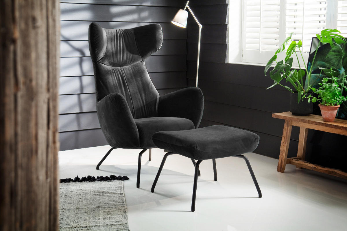 SESSEL MIT HOCKER LOTTE Schwarz Velvet - Schwarz, Textil (79/117/82cm) - KAWOLA