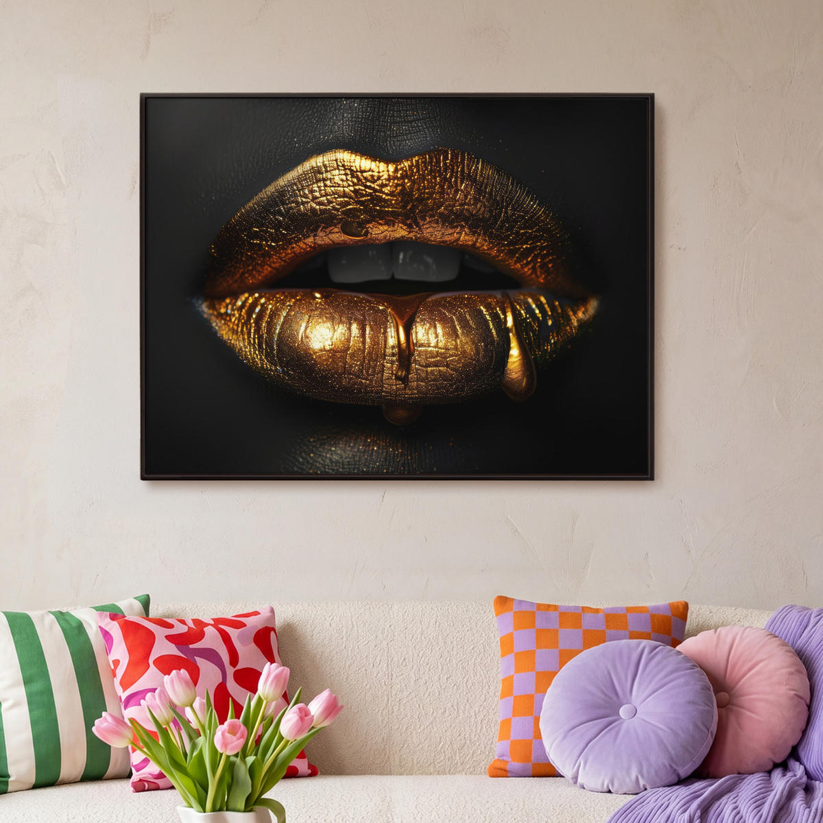 LEINWAND Bilder mit Rahmen - Frau - Porträt - Lippen - Gold - Schwarz - 100x70 - Schwarz, Textil (100/70cm) - MuchoWow