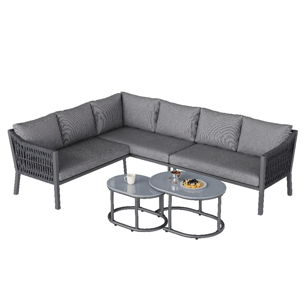 LOUNGEGARNITUR 3-teiliges Gartenmöbel-Set Ecklounge für 6 Personen HANDGEFLOCHTENES SEIL Verzinktes Eisen Grau Terrasse 243,5/186/80 cm - Beige, Metall - Rolipo