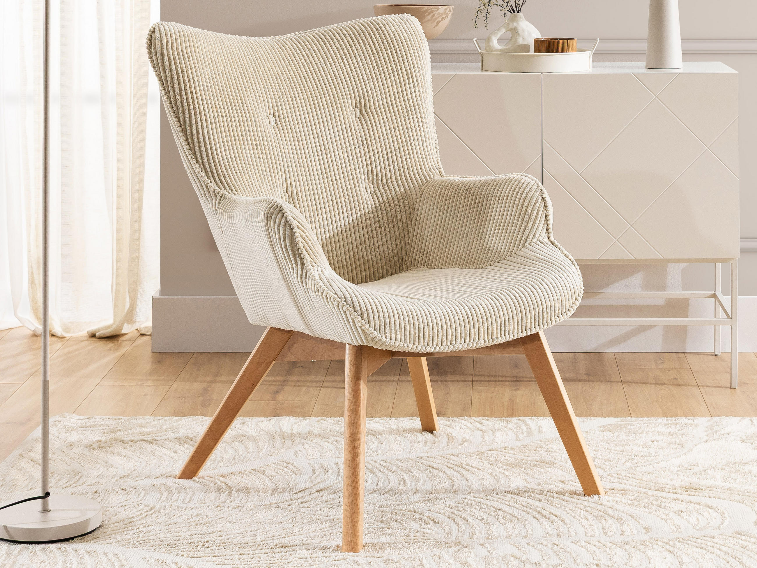 LOUNGESESSEL Lenari Beige Cordstoff mit Füßen in Natur - Beige/Naturfarben, Holz/Textil (71/96/86cm) - S-Style Möbel