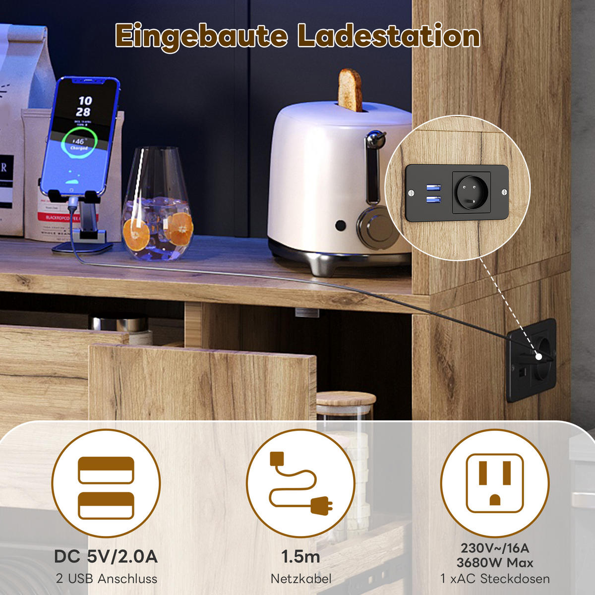 HIGHBOARD DE-38663 185/105/40 cm LED-Beleuchtung und 4-stöckiges Gewürzregal Natur - Naturfarben, Holzwerkstoff (105/185/40cm) - ComfortXL
