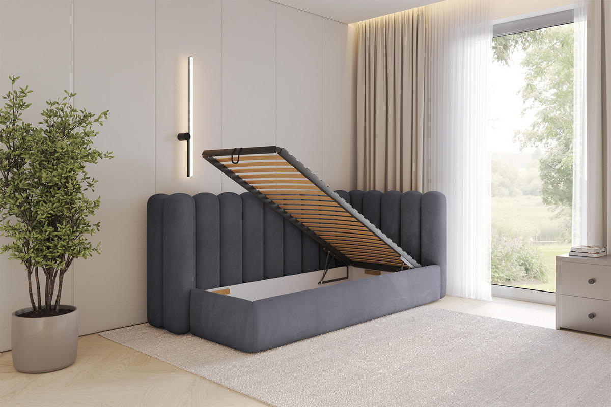 EINZELLBETT Jugendbett mit Bettkasten und Matratze H3/H4, Links - HUGY 100x200 Dunkelgrau - Dunkelgrau, Holzwerkstoff/Textil (100/200cm) - ALTDECOR