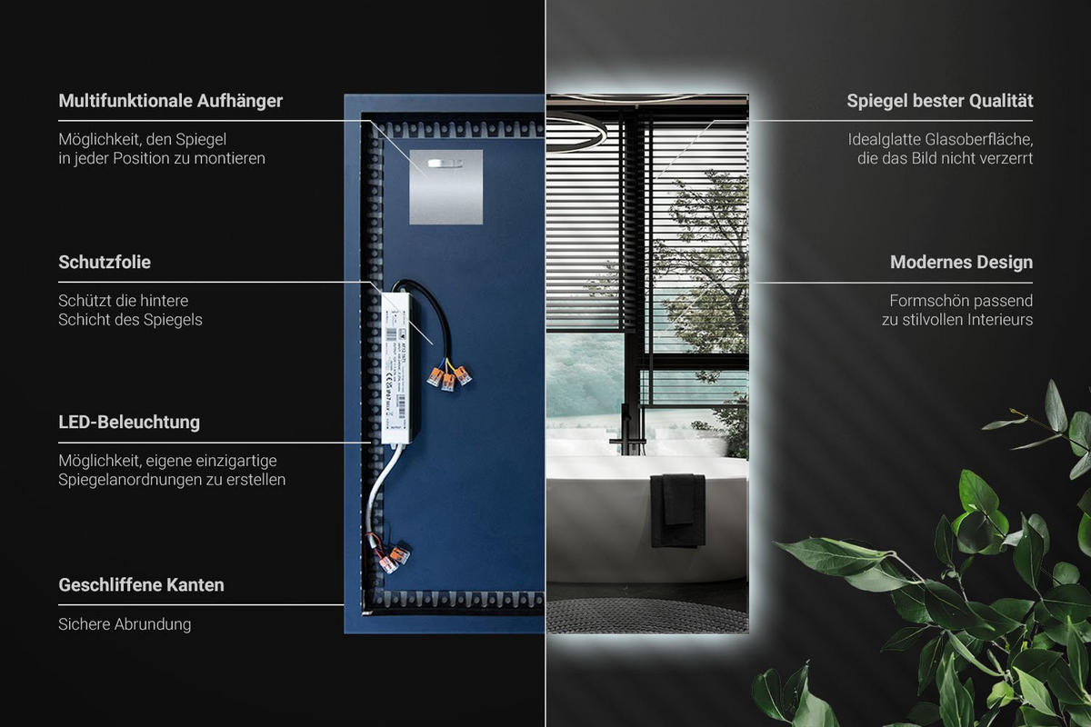 LED-SPIEGEL 80x60 cm Rechteckig Kaltweiß 6000K - Transparent, Glas (60/80/0.4cm) - Wallfluent