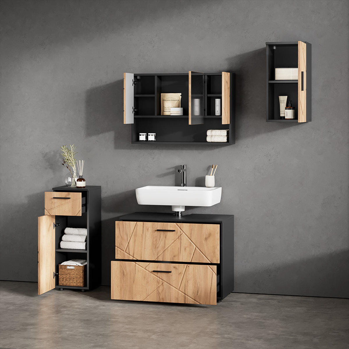 BADMÖBEL-SET Ronco Goldkraft Eiche/Anthrazit 4 Teile - Honigeiche/Anthrazit, Holzwerkstoff (41/80/58cm) - Livinity®