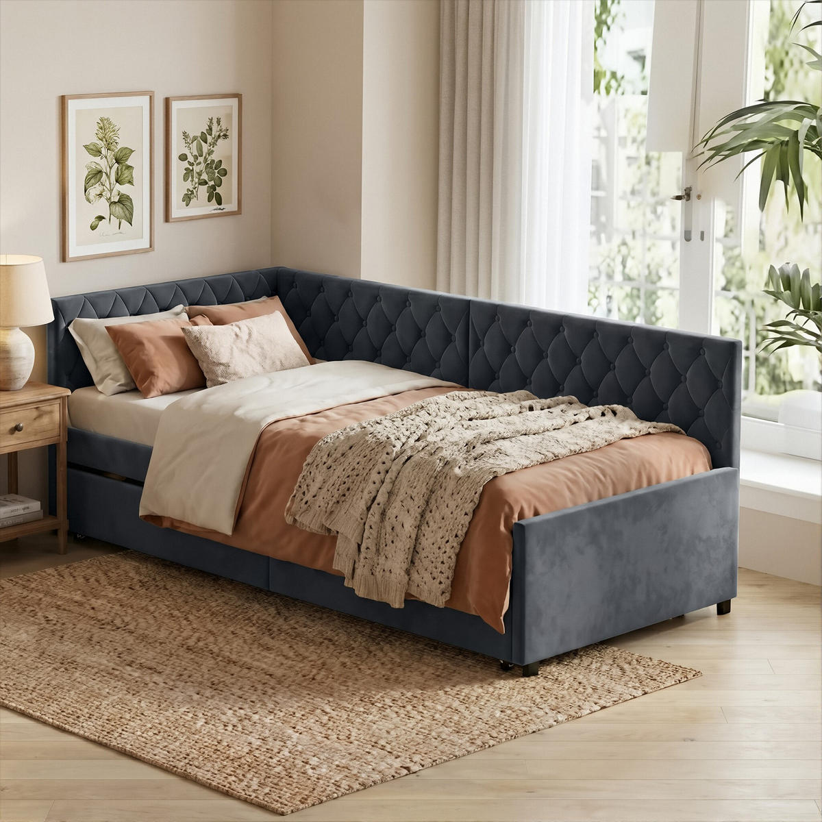 POLSTERBETT Tagesbett 90/200 cm mit Ausziehbarer Tandemliege Samtoptik Grau - Grau, Textil (90/200cm) - Creahappy
