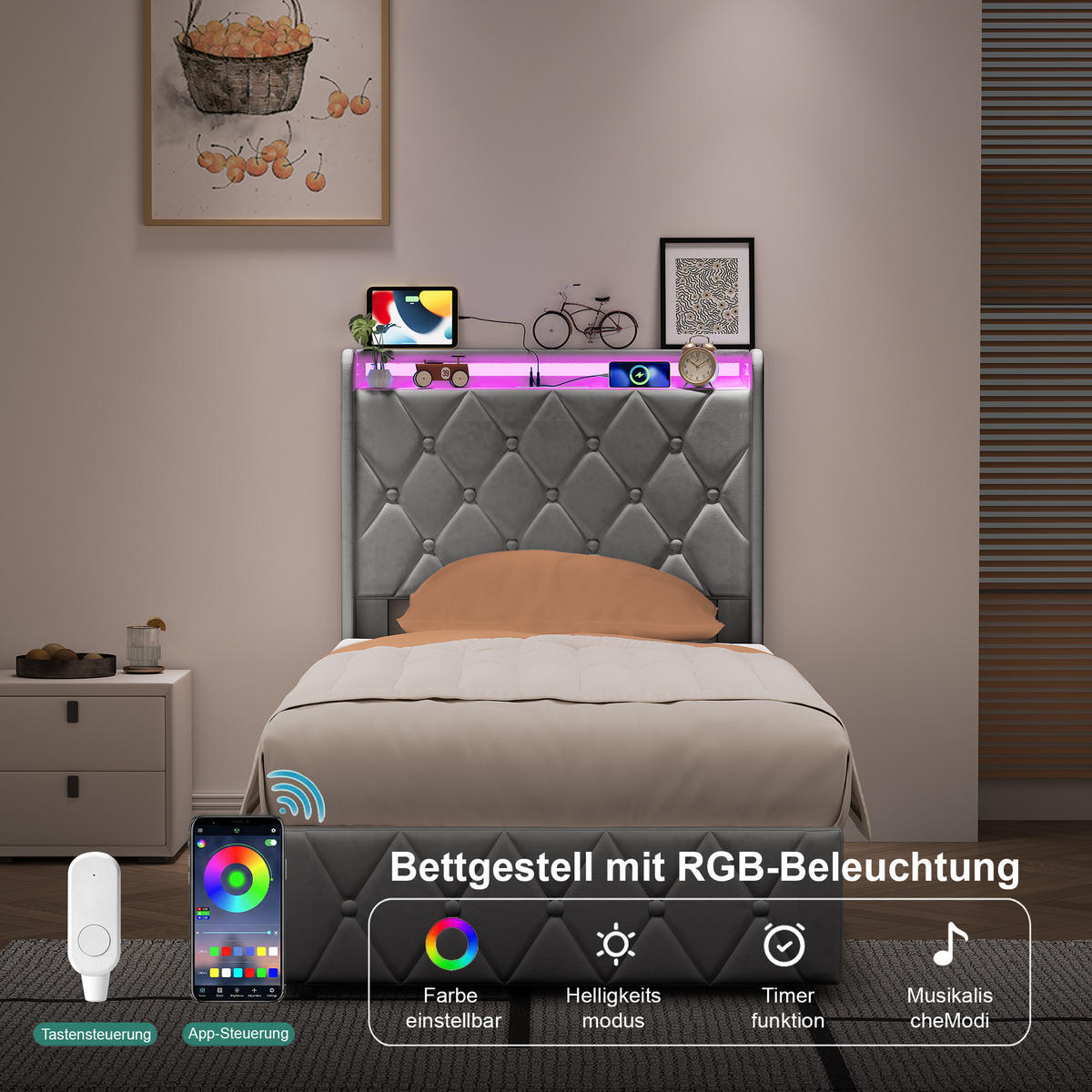 POLSTERBETT 90x200 cm Grau mit RGB-LED, USB-C & hydraulischem Stauraum - Grau, Holz (90/200cm)